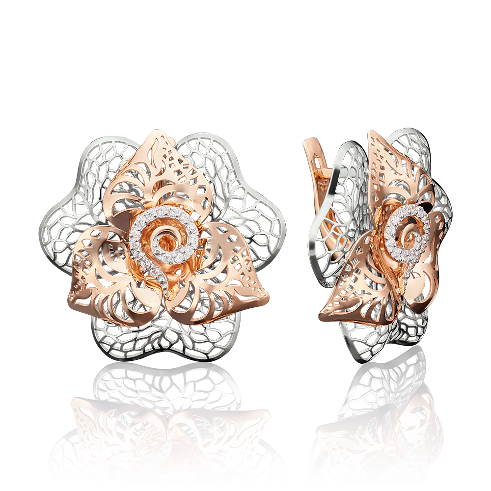 Серьги «Цветы» с английским замком из красного золота с фианитами 02-3711-01-401-1110-65