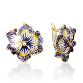 Серьги «Анютины глазки» с английским замком из лимонного золота с фианитами и эмалью 02-3719-00-404-1130-65