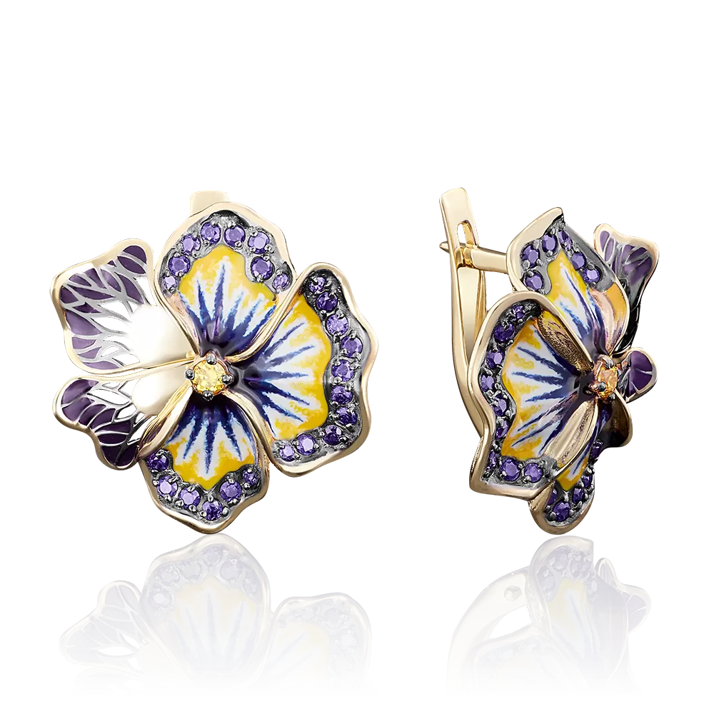 Серьги «Анютины глазки» с английским замком из лимонного золота с фианитами и эмалью 02-3719-00-404-1130-65