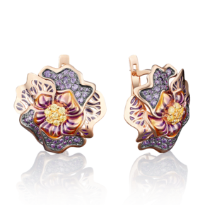 Серьги «Гибискусы» с английским замком из красного золота с фианитами и эмалью 02-3723-00-404-1110-65