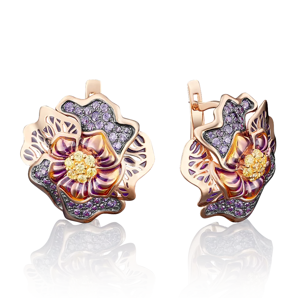 Серьги «Гибискусы» с английским замком из красного золота с фианитами и эмалью 02-3723-00-404-1110-65