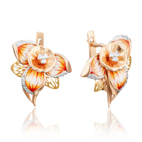 Серьги «Нарциссы» с английским замком из комбинированного золота с фианитами и эмалью 02-3743-00-401-1113-65