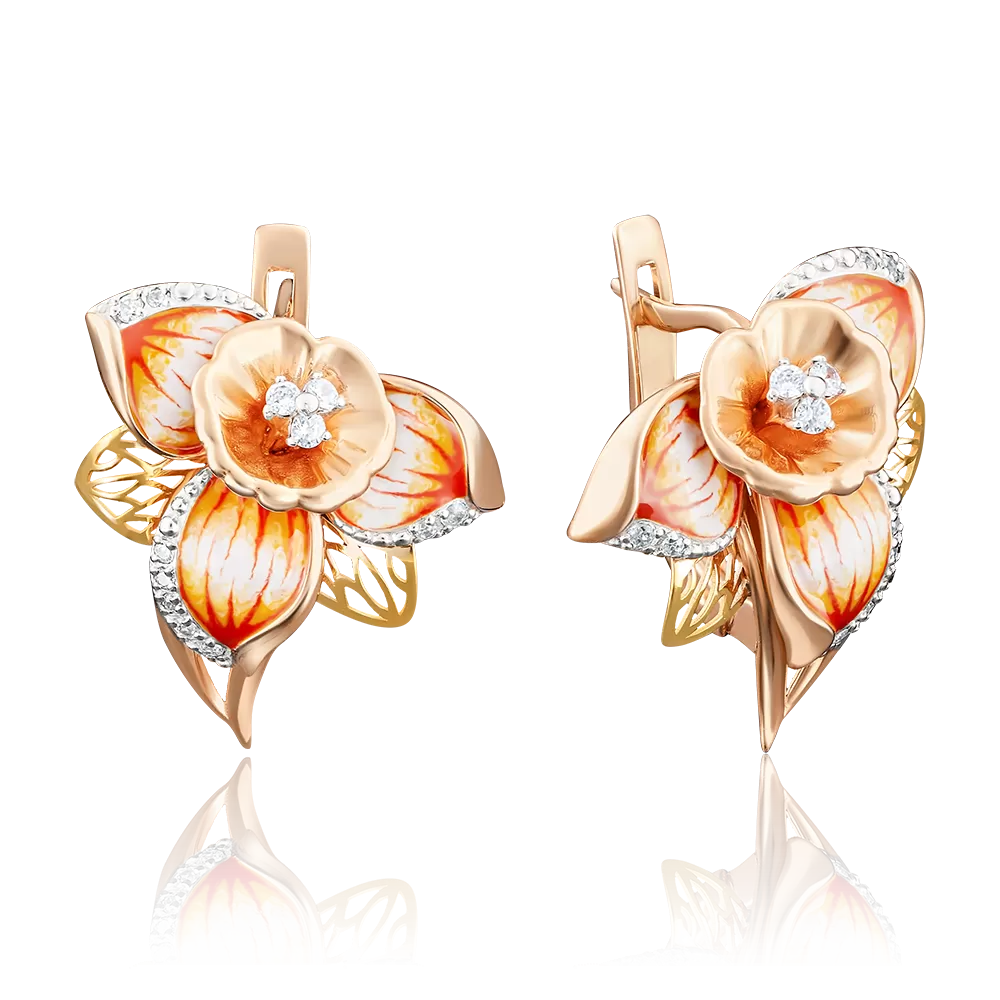 Серьги «Нарциссы» с английским замком из комбинированного золота с фианитами и эмалью 02-3743-00-401-1113-65