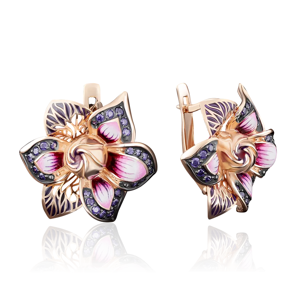 Серьги «Гардении» с английским замком из красного золота с фианитами и эмалью 02-3746-00-404-1110-65
