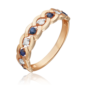 Кольцо из красного золота с бриллиантами и сапфирами