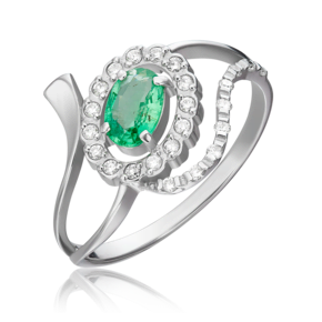 Кольцо из белого золота с изумрудом и бриллиантами