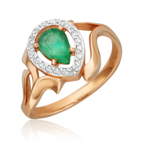 Кольцо из красного золота с изумрудом и бриллиантами