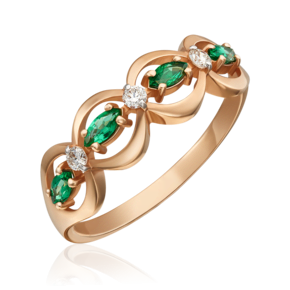 Кольцо из красного золота с изумрудами и бриллиантами