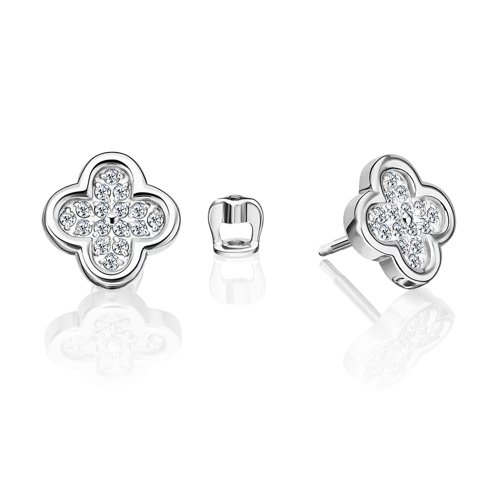 Серьги-пусеты «Клевер» из белого золота с фианитами 02-5522-00-401-1120