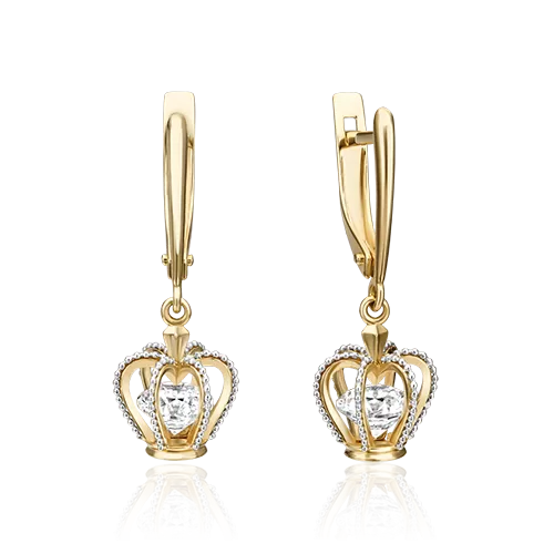 Серьги «Короны» с английским замком из комбинированного золота с фианитом 02-4539-00-501-1121-67