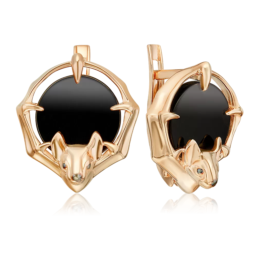 Серьги «Летучие мыши» с английским замком из красного золота с ониксом 02-5450-00-281-1110