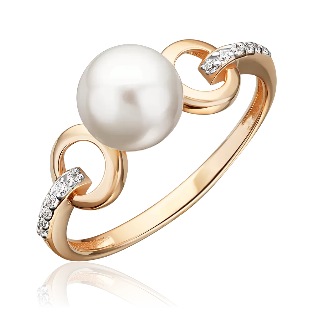 Кольцо из красного золота с жемчугом культивированным и фианитами 01-5967-00-302-1110