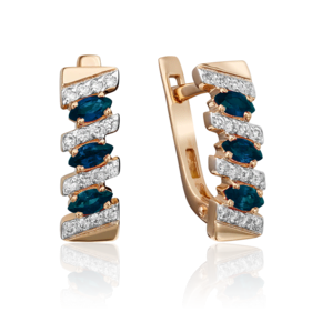 Серьги с английским замком из красного золота с сапфирами и бриллиантами
