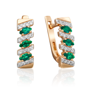 Серьги с английским замком из красного золота с изумрудами и бриллиантами