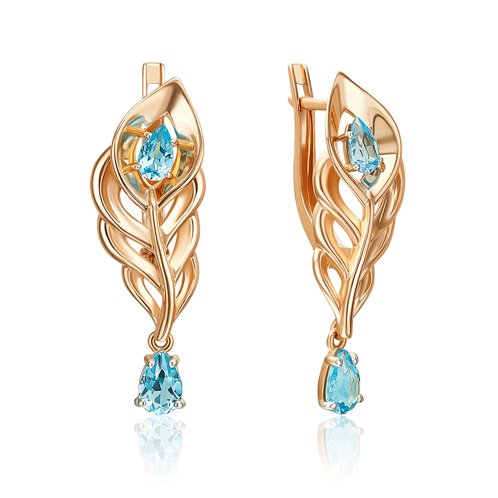 Серьги «Перо сказочной птицы» с английским замком из красного золота с топазами 02-5565-00-201-1110