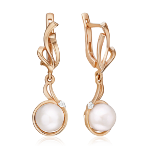 Серьги с английским замком из красного золота с жемчугом культивированным и фианитом 02-2501-00-302-1110-31