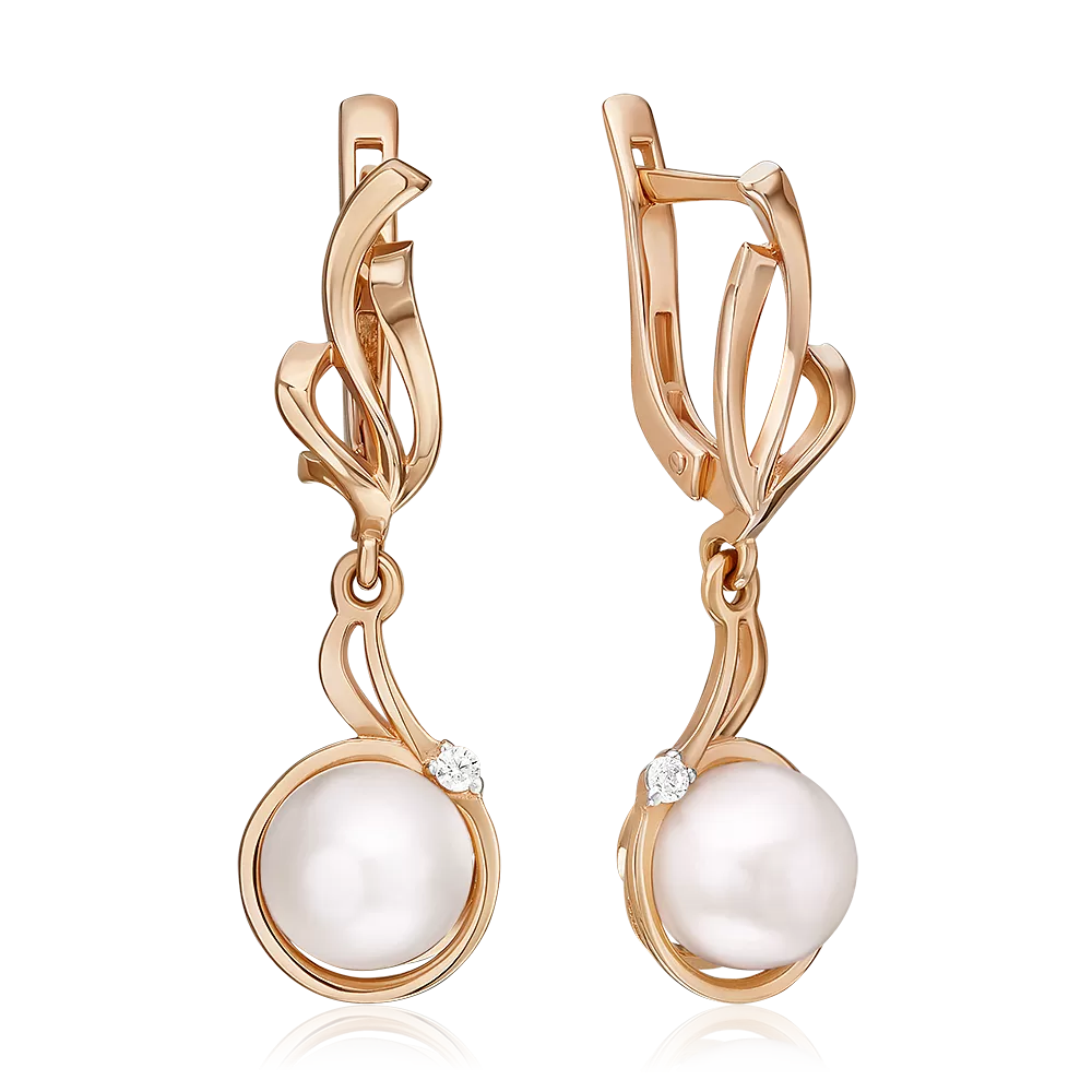 Серьги с английским замком из красного золота с жемчугом культивированным и фианитом 02-2501-00-302-1110-31