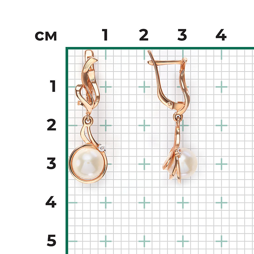 Серьги с английским замком из красного золота с жемчугом культивированным и фианитом 02-2501-00-302-1110-31