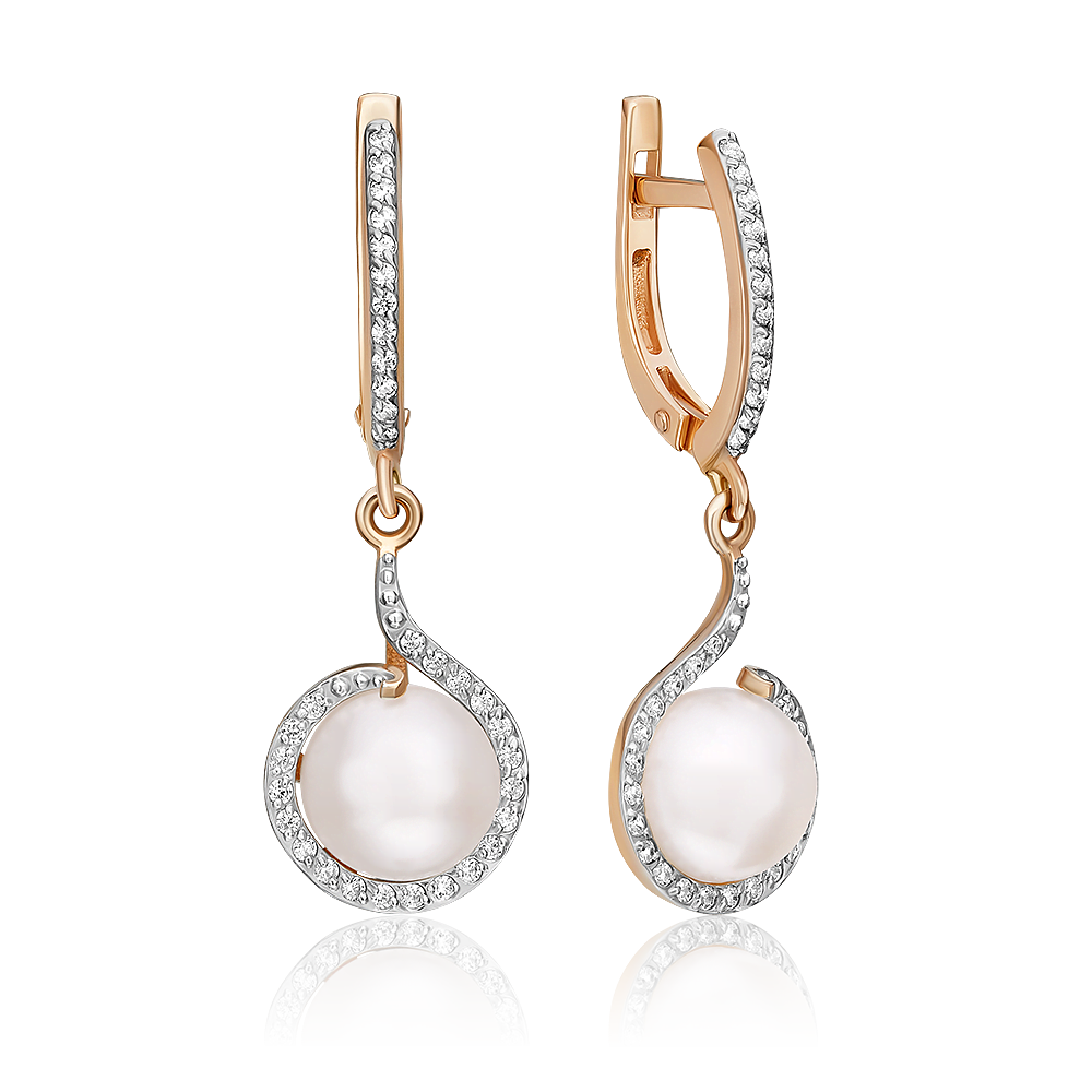 Серьги с английским замком из красного золота с жемчугом культивированным и фианитами 02-2503-00-302-1110-31