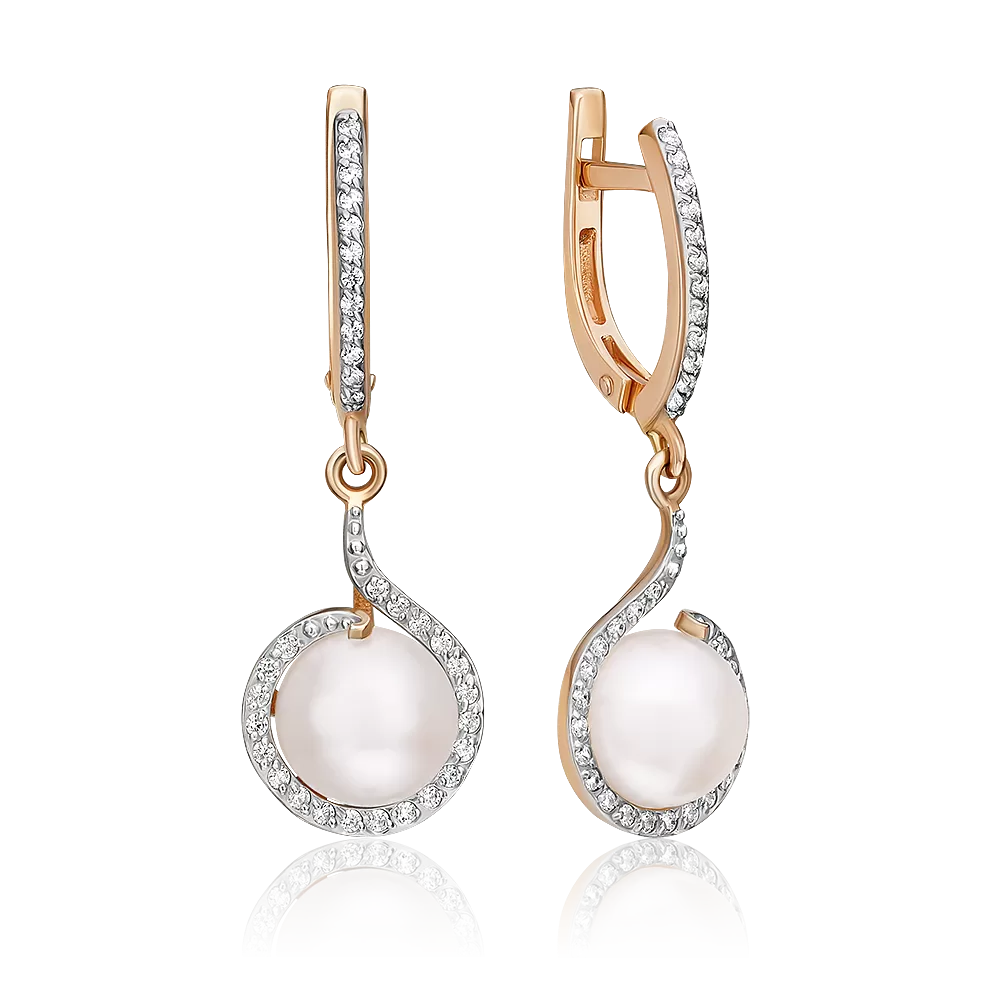 Серьги с английским замком из красного золота с жемчугом культивированным и фианитами 02-2503-00-302-1110-31