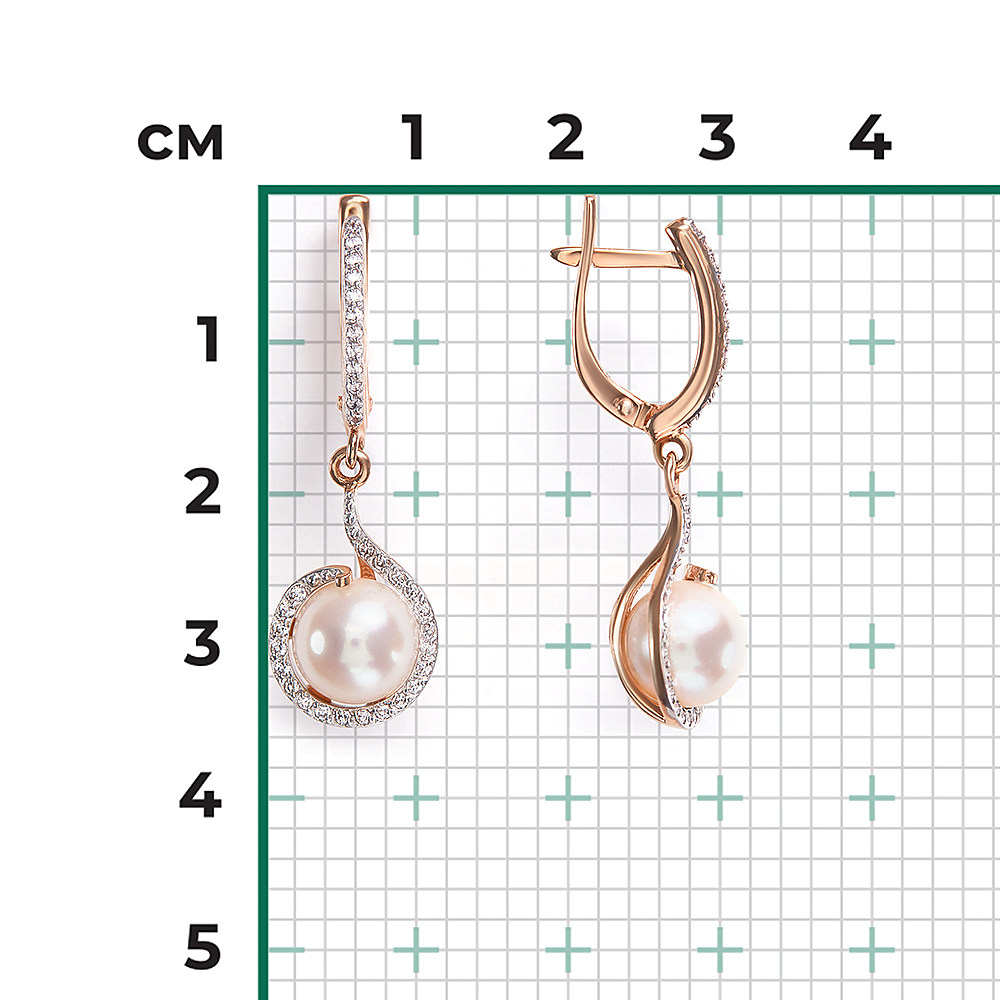 Серьги с английским замком из красного золота с жемчугом культивированным и фианитами 02-2503-00-302-1110-31