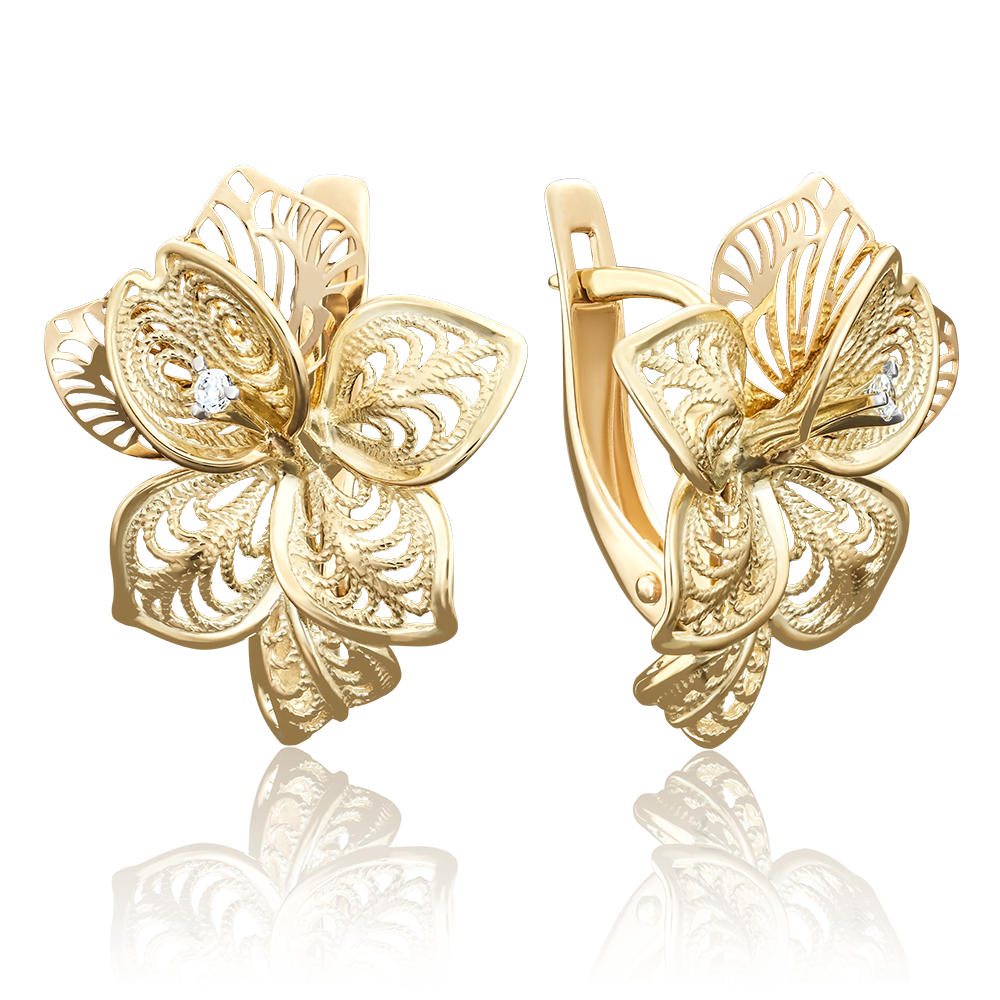 Серьги «Орхидеи» с английским замком из лимонного золота с фианитом 02-3900-00-401-1130-48