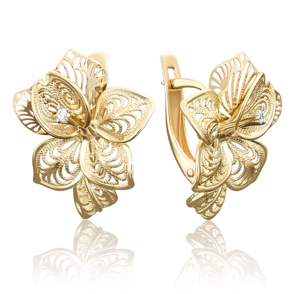 Серьги «Орхидеи» с английским замком из лимонного золота с фианитом 02-3900-00-401-1130-48