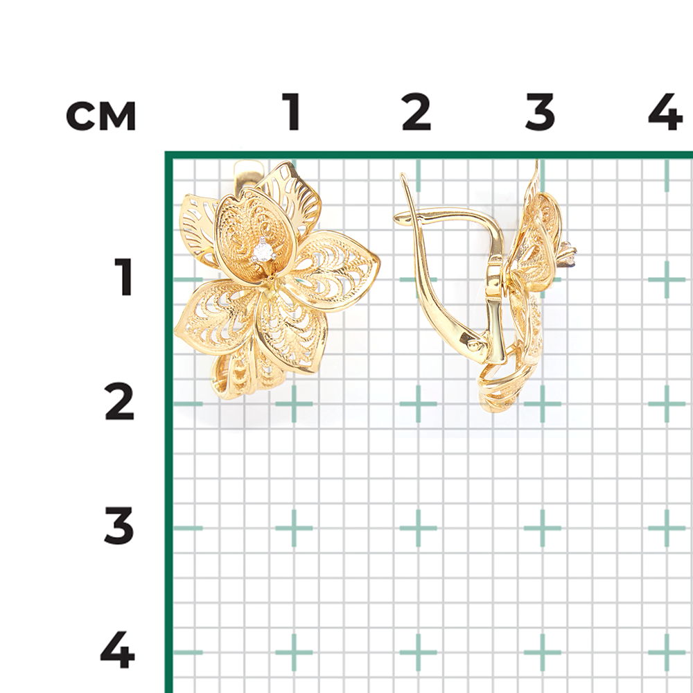 Серьги «Орхидеи» с английским замком из лимонного золота с фианитом 02-3900-00-401-1130-48
