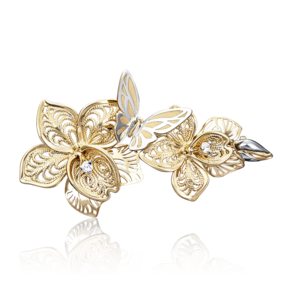 Брошь «Орхидеи» из лимонного золота с фианитами 04-0168-00-401-1130-48
