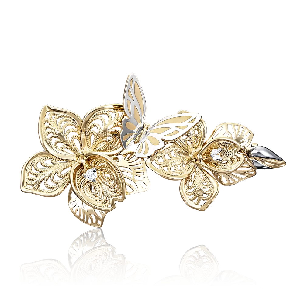 Брошь «Орхидеи» из лимонного золота с фианитами 04-0168-00-401-1130-48