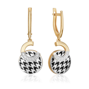 Серьги с принтом «Гусиная лапка» из комбинированного золота с фианитами и эмалью 02-5200-00-401-1121