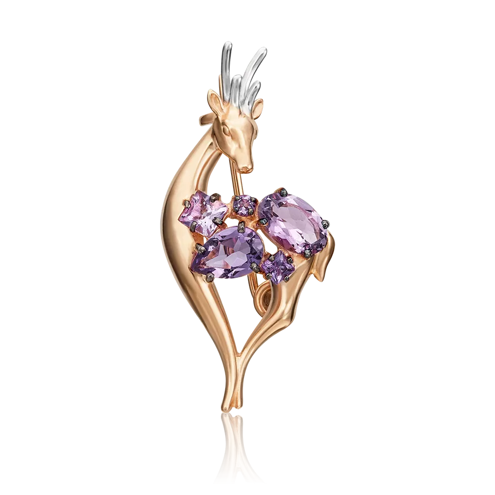 Брошь «Олень»  из красного золота с аметистами 04-0235-00-203-1110-57
