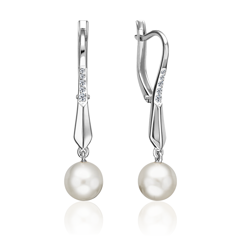 Серьги с английским замком из серебра с жемчугом культивированным и фианитами 02-5603-00-302-0200