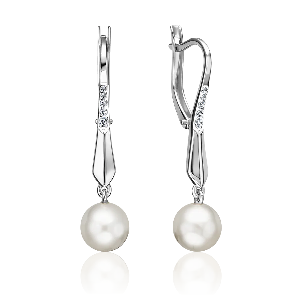 Серьги с английским замком из серебра с жемчугом культивированным и фианитами 02-5603-00-302-0200