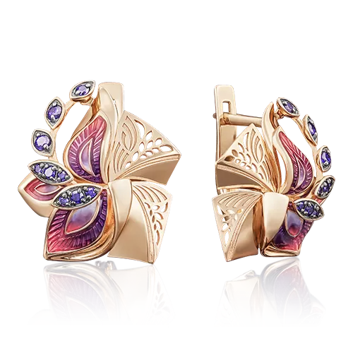 Серьги «Цветы» с английским замком из красного золота с фианитами и эмалью 02-3927-00-404-1110-65