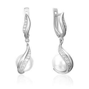 Серьги с английским замком из белого золота с жемчугом культивированным и фианитами 02-3489-00-302-1120-31