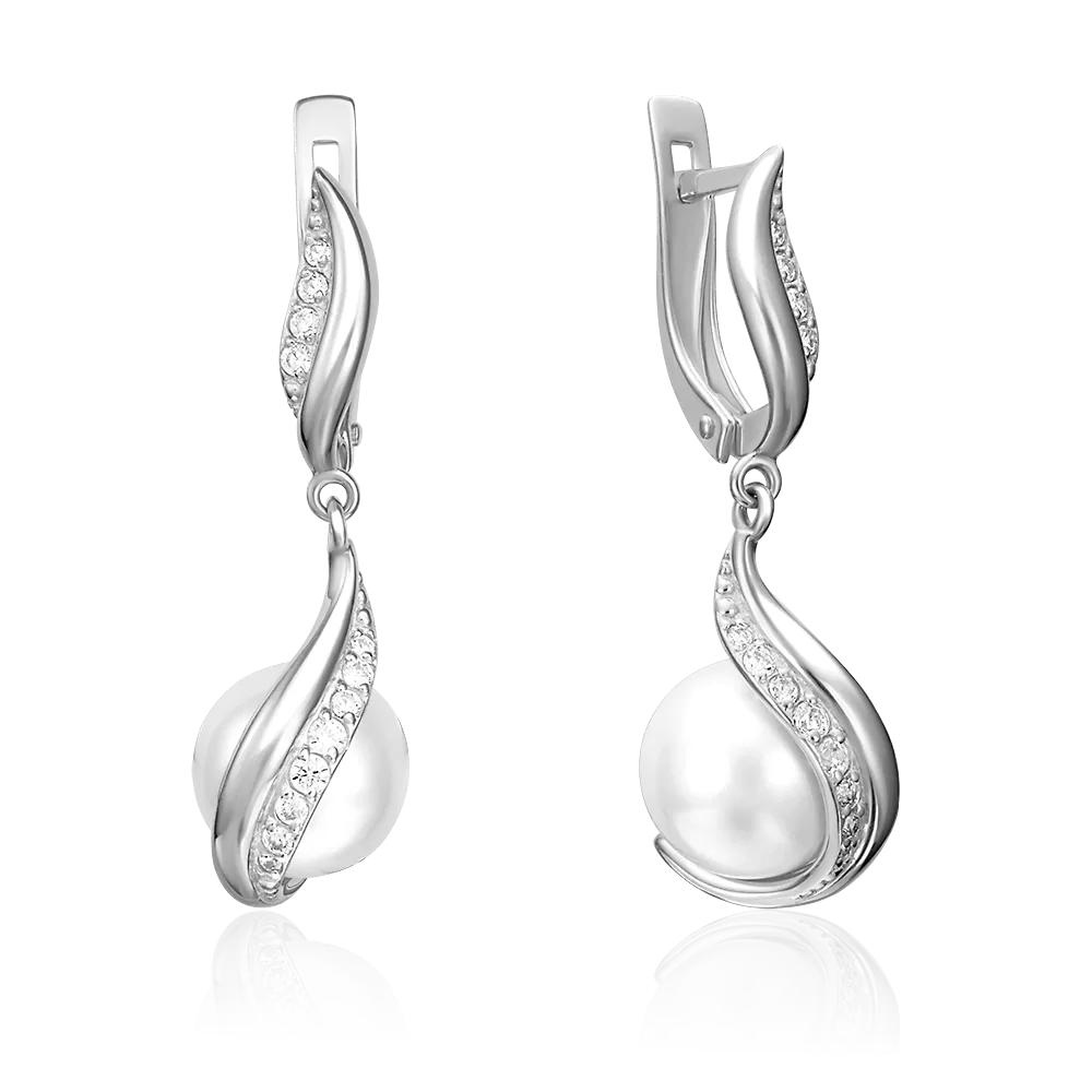 Серьги с английским замком из белого золота с жемчугом культивированным и фианитами 02-3489-00-302-1120-31