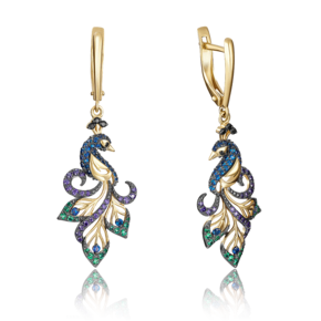 Серьги «Павлины» с английским замком из лимонного золота с фианитами 02-3499-03-404-1130-52