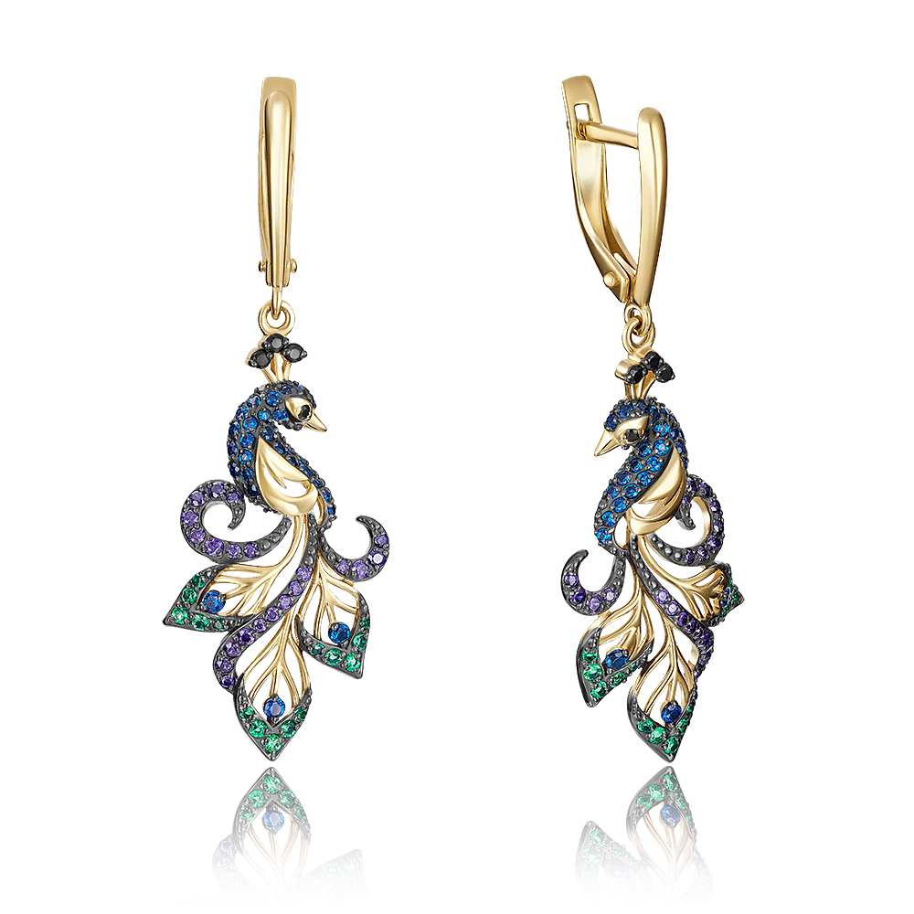 Серьги «Павлины» с английским замком из лимонного золота с фианитами 02-3499-03-404-1130-52