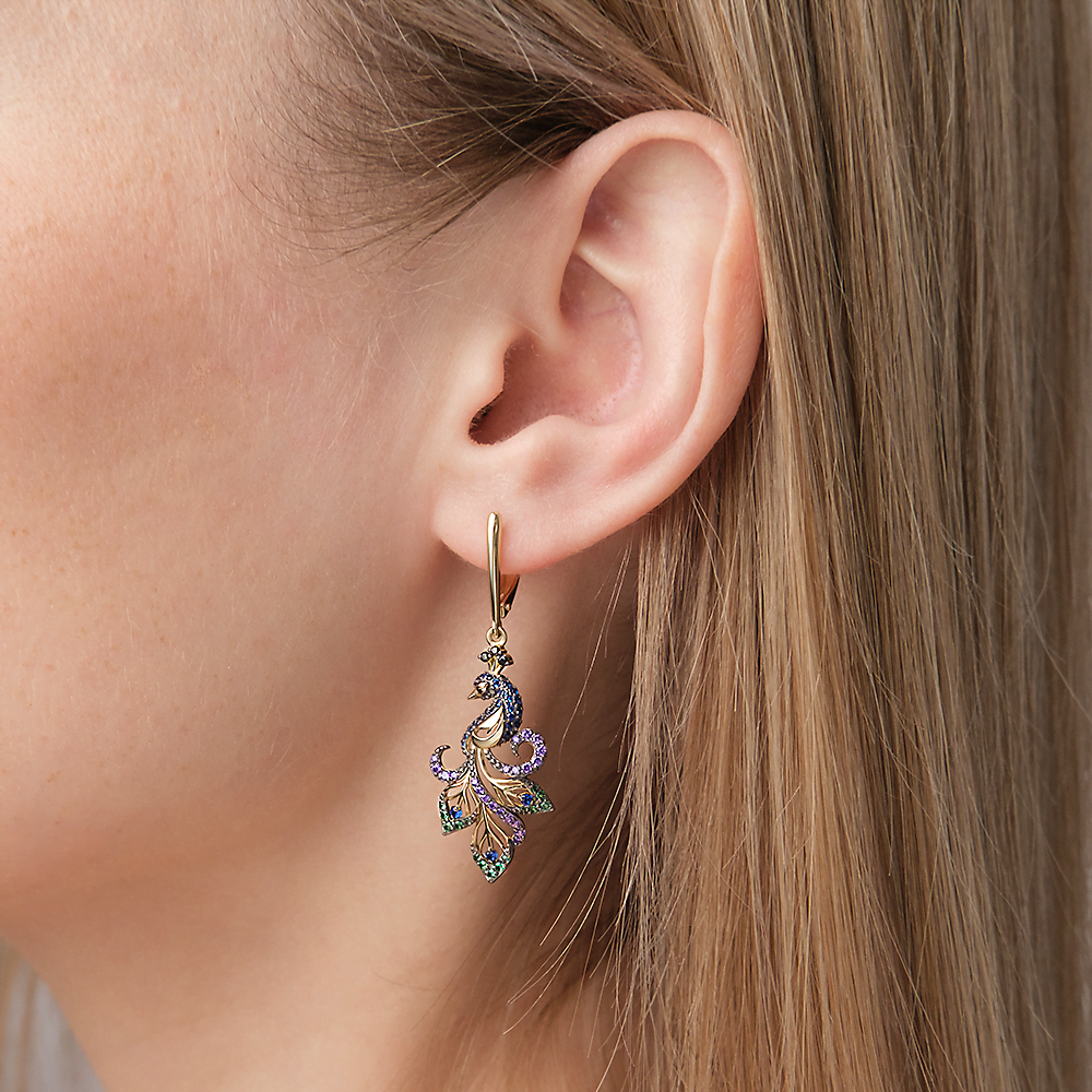 Серьги «Павлины» с английским замком из лимонного золота с фианитами 02-3499-03-404-1130-52