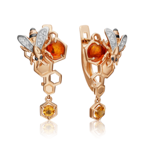 Серьги «Пчёлы на сотах» с английским замком из красного золота с миксом камней 02-4681-00-734-1110-57