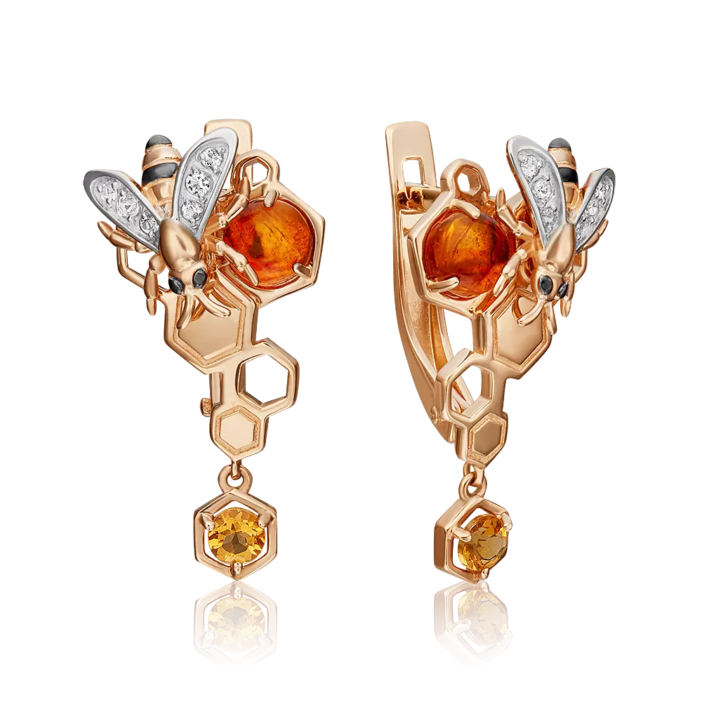 Серьги «Пчёлы на сотах» с английским замком из красного золота с миксом камней 02-4681-00-734-1110-57