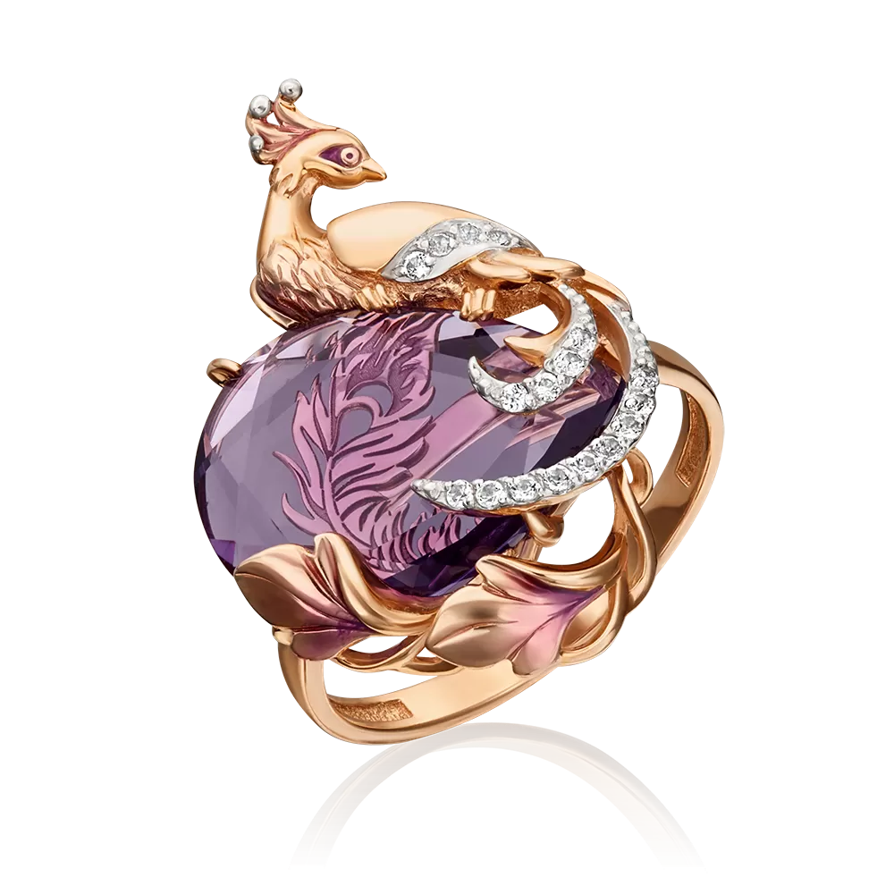 Кольцо «Жар-птица» из красного золота с аметистом, натуральными топазами white и эмалью 01-5393-00-225-1110-46
