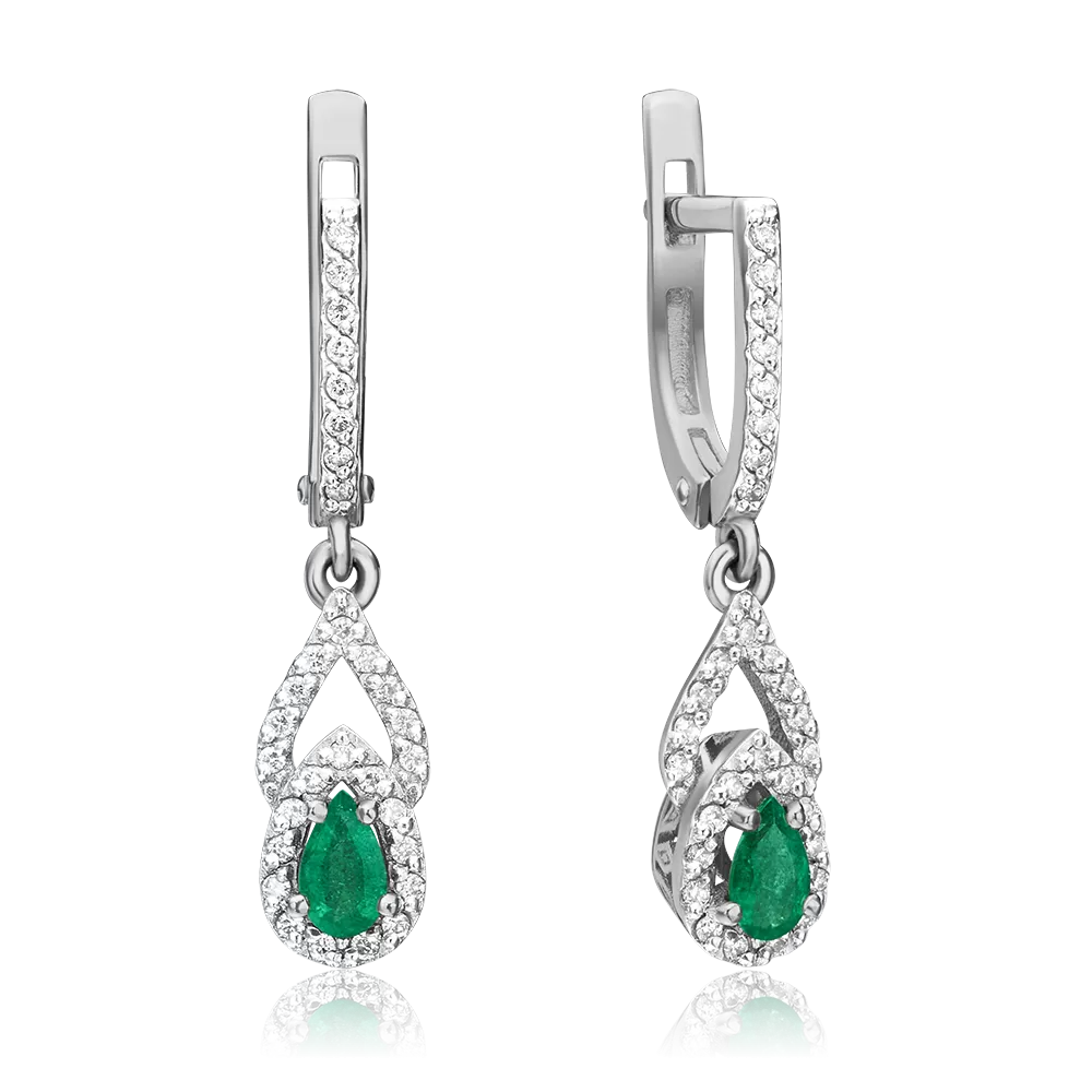Серьги с английским замком из белого золота с изумрудом и бриллиантами 02-0921-00-106-1120-30