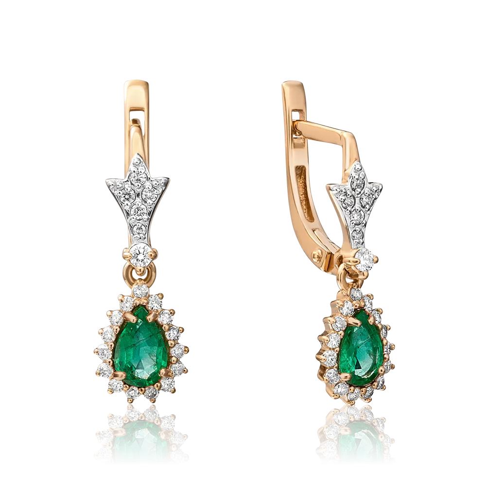 Серьги с английским замком из красного золота с изумрудом и бриллиантами 02-0924-00-106-1110-30