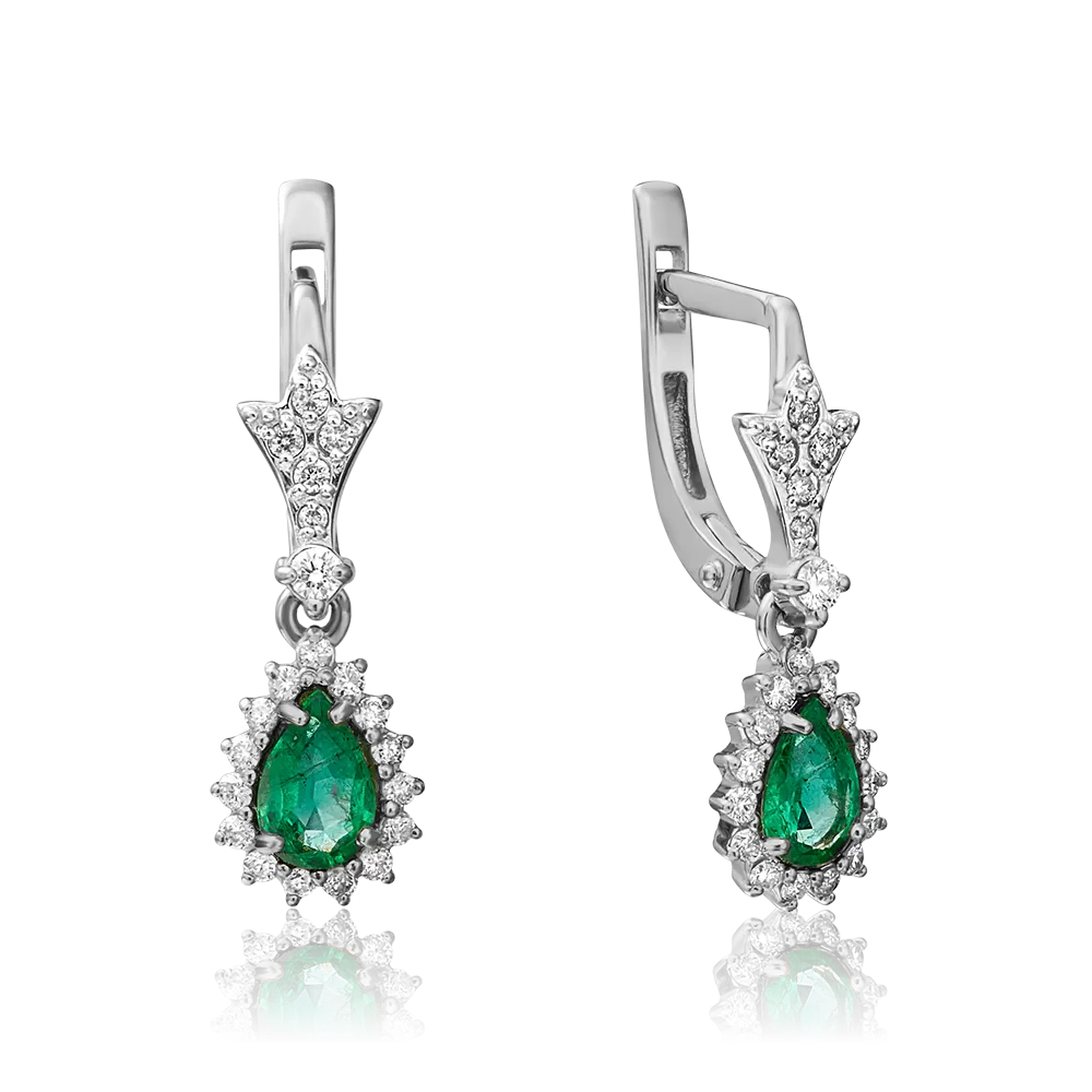 Серьги с английским замком из белого золота с изумрудом и бриллиантами 02-0924-00-106-1120-30