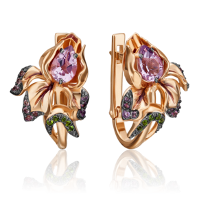 Серьги «Ирисы» с английским замком из красного золота с аметистами, хромдиопсидами и эмалью 02-4598-00-709-1110-57