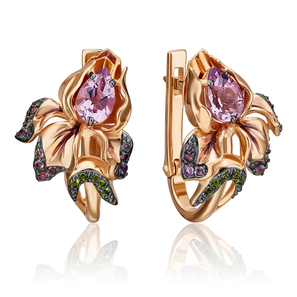 Серьги «Ирисы» с английским замком из красного золота с аметистами, хромдиопсидами и эмалью 02-4598-00-709-1110-57