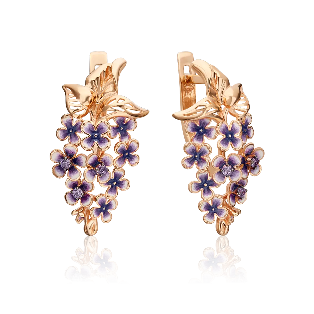 Серьги «Сирень» с английским замком из красного золота с фианитами и эмалью 02-3885-00-404-1110-48