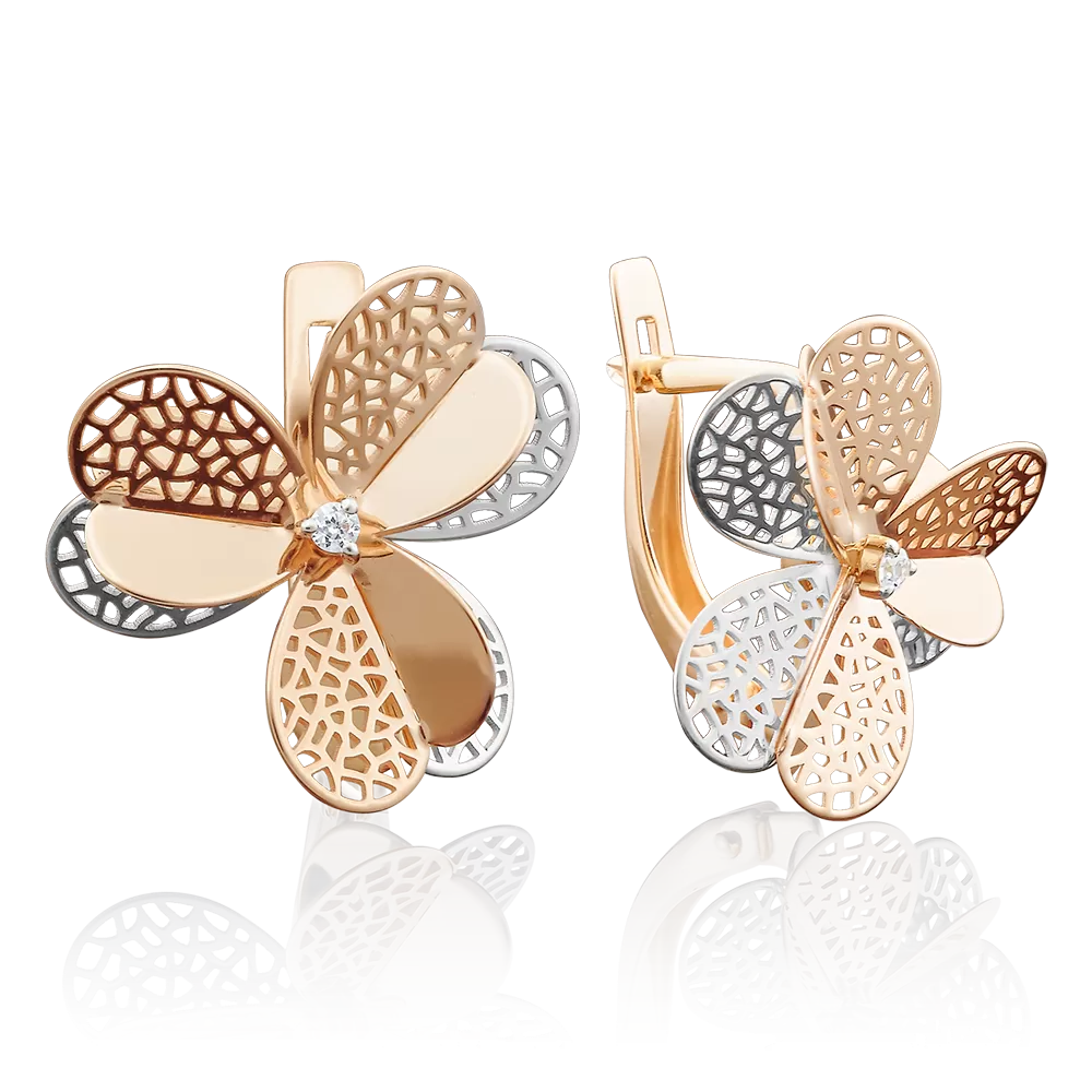 Серьги «Клевер» с английским замком из красного золота с фианитом 02-3886-00-401-1110-48
